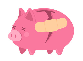 Broken pink piggy bank with patch flat concept vector spot illustration. Editable 2D cartoon object on white for web design. Handling financial stress creative idea for website, mobile, magazine