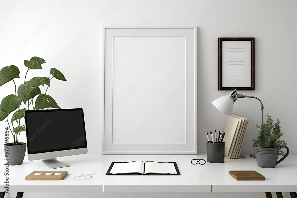 Poster front view of a desk at a workplace with a white wall in the backdrop. office materials for creativi