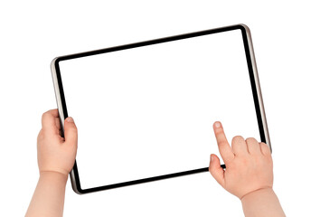 Digital tablet with blank transparent display in child's hands isolated on white background