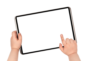 Digital tablet with blank transparent display in child's hands isolated on white background