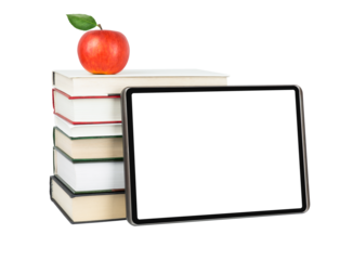 Digital tablet with blank transparent display near the stack of books with apple on the top isolated on transparent background. Education concept