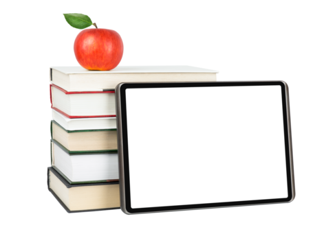 Digital tablet with blank transparent display near the stack of books with apple on the top isolated on transparent background. Education concept - Powered by Adobe
