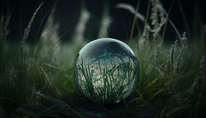Close up of crystal globe on grass and moss in a forest - environment concept - sustainable 