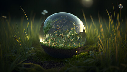 Close up of crystal globe on grass and moss in a forest - environment concept - sustainable 