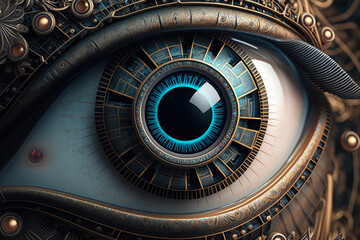 Close-up of a cybernetic eye with intricate circuitry and enhanced zoom capabilities, generative ai