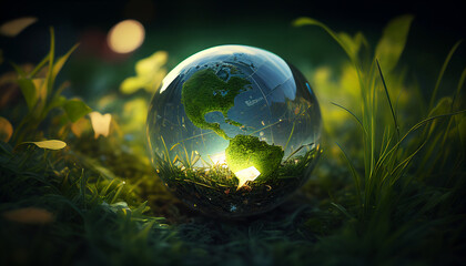 Obraz na płótnie Canvas Close up of crystal globe on grass and moss in a forest - environment concept - sustainable 