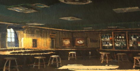 Pub interior. Digital painting. Concept art. 2d illustration.