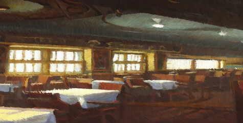 Pub interior. Digital painting. Concept art. 2d illustration.