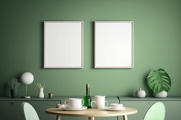 Fototapeta na wymiar Two square blank posters on green concrete wall in interior of modern dining room. Clipping path around poster. illustration. Generative AI