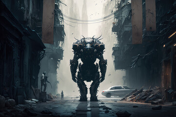 cybernetic organism with a sleek exoskeleton and advanced sensory enhancements navigating a dark and dangerous alleyway, generative ai