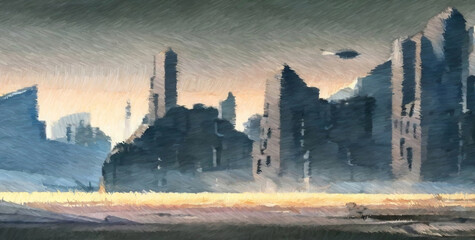 Science fiction futuristic city. Digital painting. Concept art. 2d illustration.
