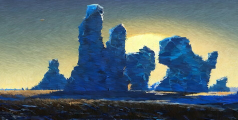 Blue crystals. Digital painting. Concept art. 2d illustration.