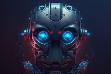 Obraz na płótnie Canvas Dark and moody image of a robotic head with glowing blue eyes, generative ai