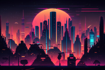 Cyberpunk Skyline with Neon Holographic Displays, generative ai