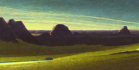 Green alien landscape. Digital watercolor painting. Concept art. 2d illustration.