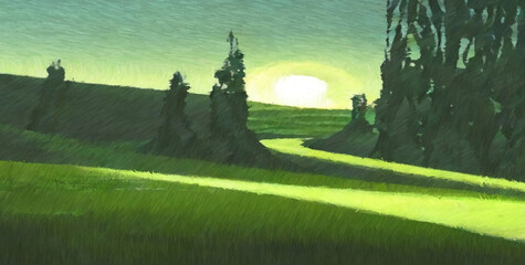 Green alien landscape. Digital watercolor painting. Concept art. 2d illustration.