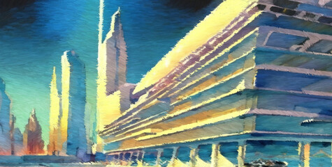 Futuristic hotel. Digital watercolor painting. Concept art. 2d illustration.