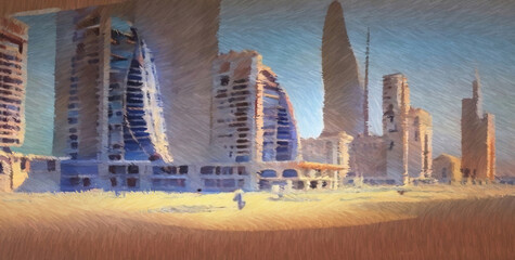 Futuristic hotel. Digital watercolor painting. Concept art. 2d illustration.