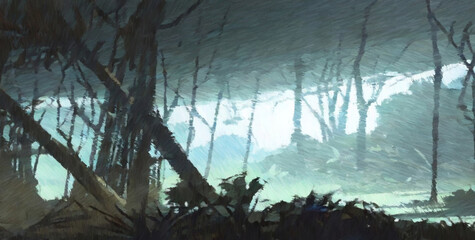 Tropical jungle forest. Digital watercolor painting. Concept art. 2d illustration.