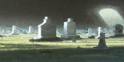 Cemetary. Digital watercolor painting. Concept art. 2d illustration.