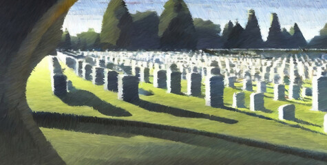 Cemetary. Digital watercolor painting. Concept art. 2d illustration.