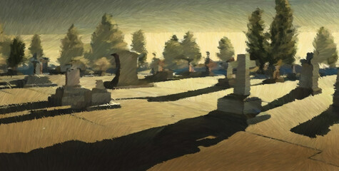 Cemetery scenery. Digital painting with long brush strokes. 2d illustration.