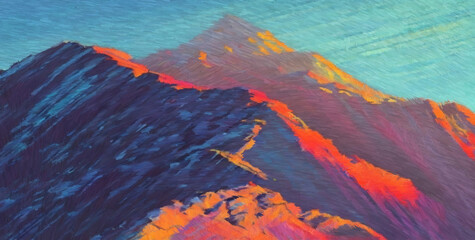 Mountain range during summer. Digital painting with long brush strokes. 2d illustration.