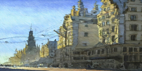 Old city street. Digital painting with long brush strokes. 2d illustration.