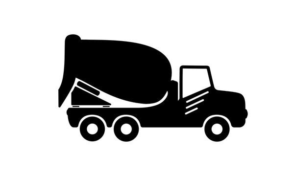 Cement mixer truck icon isolated on white. Construction transportation sign with black concrete mixer car. Transportation truck for use in logistics, automotive, construction truck design projects.
