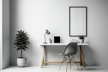 Minimalist workspace design with wooden table and chair. Empty wall mock up in minimal interior design concept. illustration. Generative AI