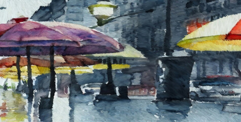 Watercolor city street during rain. Digital painting with long brush strokes. 2d illustration.