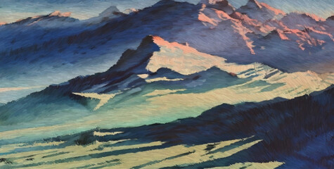 Snowy mountain range. Digital painting with long brush strokes. 2d illustration.