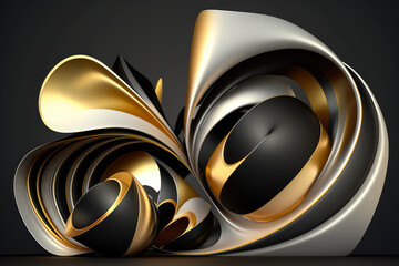 dynamic and playful composition of abstract shapes in metallic silver and gold, twisting, turning, and bending in an energetic and captivating display, generative ai