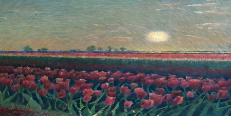 Flower field. Digital painting with long brush strokes. 2d illustration.