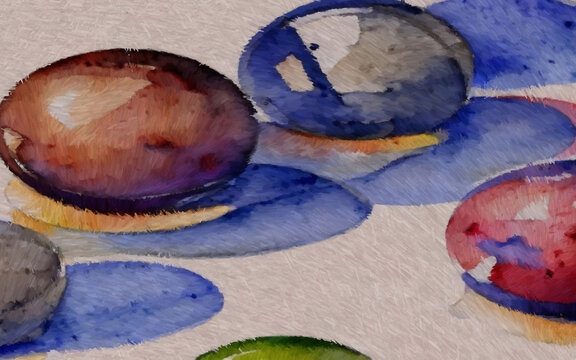 Colorful spheres. Digital painting with long brush strokes. 2d illustration.