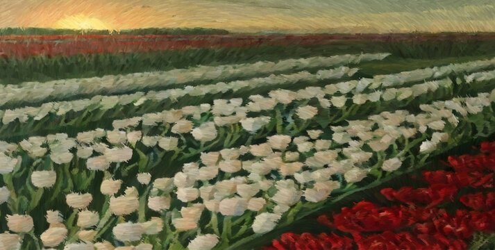 Flower field. Digital painting with long brush strokes. 2d illustration.