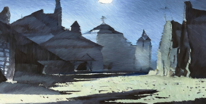 Rural church. Digital painting with long brush strokes. 2d illustration.