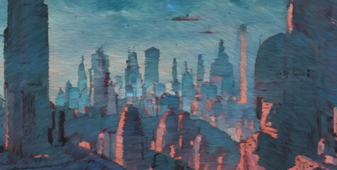 Futuristic cityscape. Digital painting with long brush strokes. 2d illustration.