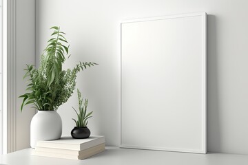 Mock up of picture canvas frame with small plant in vase on white classic wall. Perspective of modern Interior design. . Generative AI