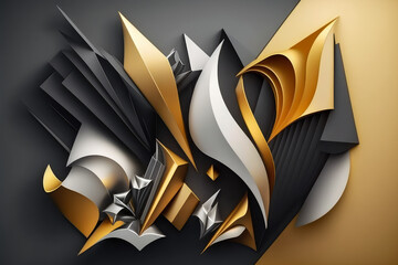 edgy and bold composition of abstract shapes in metallic silver and gold, arranged in a sharp and angular design that evokes a sense of power and strength, generative ai