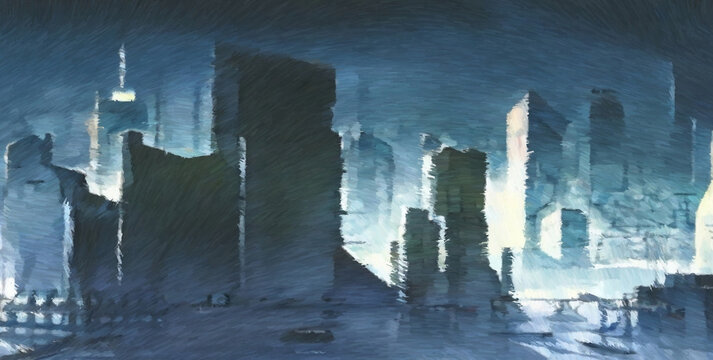 Futuristic cityscape. Digital painting with long brush strokes. 2d illustration.