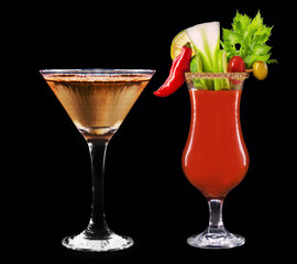 exotic drinks, Bloody mary, gin with chocolate, isolated black background and copy space