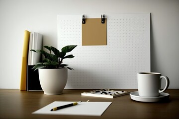Copy space office desk with document file, coffee and peg board with pencil on table. Generative AI