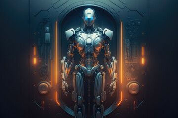 Obraz na płótnie Canvas Futuristic robotic avatar of an intelligent AI program standing in a glowing sci-fi laboratory surrounded by advanced technology and mechanical components, generative ai