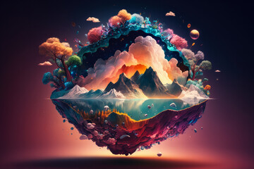 Immersive virtual reality experience with a mystical floating island surrounded by colorful nebula clouds, generative ai
