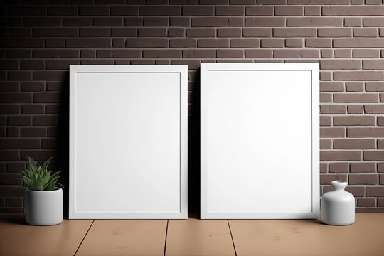 Two blank square posters. frame mock up standing on dark parquet floor next to red brick wall with vase and books. Clipping path around posters. illustration. Generative AI