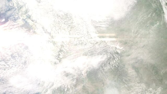 Earth zoom in from outer space to city. Zooming on Hayden, Idaho, USA. The animation continues by zoom out through clouds and atmosphere into space. Images from NASA