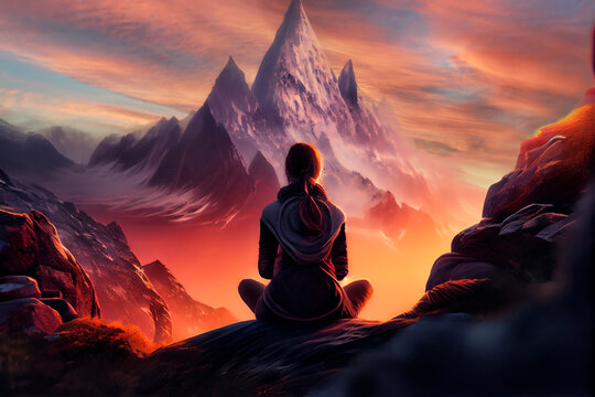 Young woman practicing yoga in mountains at sunset, Beautiful girl meditate outdoor, Harmony, meditation. Generative AI. 2