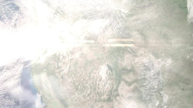 Earth zoom in from outer space to city. Zooming on Jerome, Idaho, USA. The animation continues by zoom out through clouds and atmosphere into space. Images from NASA
