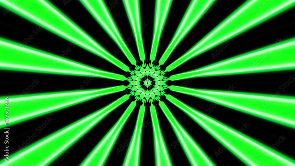 Poster kaleidoscopic pattern with flashing rays. motion. round pattern in center with flashing bright rays 